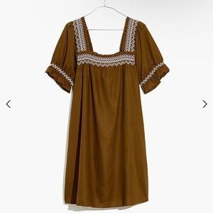 MADEWELL Linen Babydoll Flowy Olive Green Accent Stitching Square Neck Dress M?